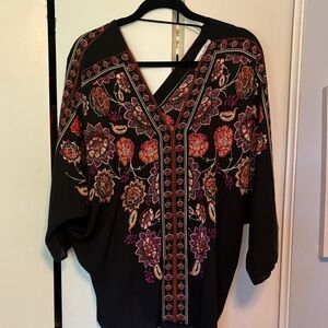 Rose & Olive Black Blouse with Floral Embroidery NWOT